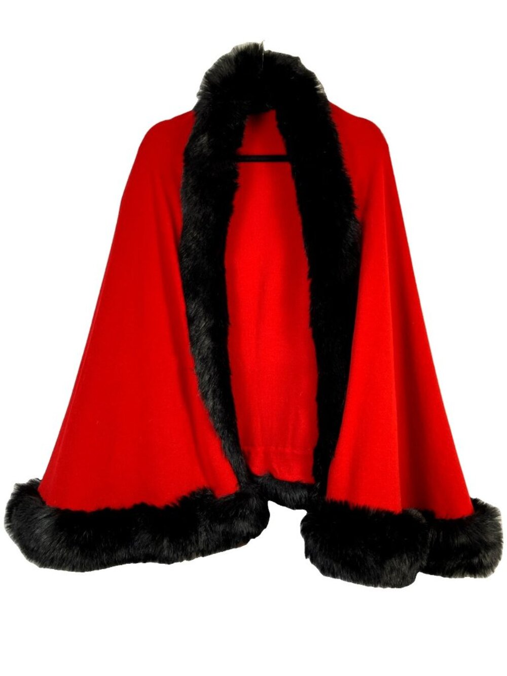 OS Radzoli Faux Fur Red Black Trim Diva Cape Vegan